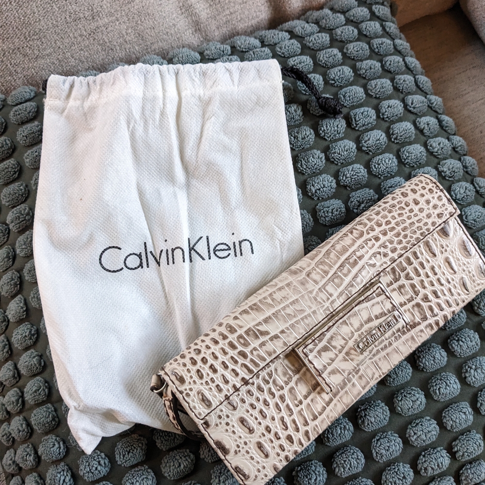 Calvin Klein Cream Croc-Embossed Leather Clutch